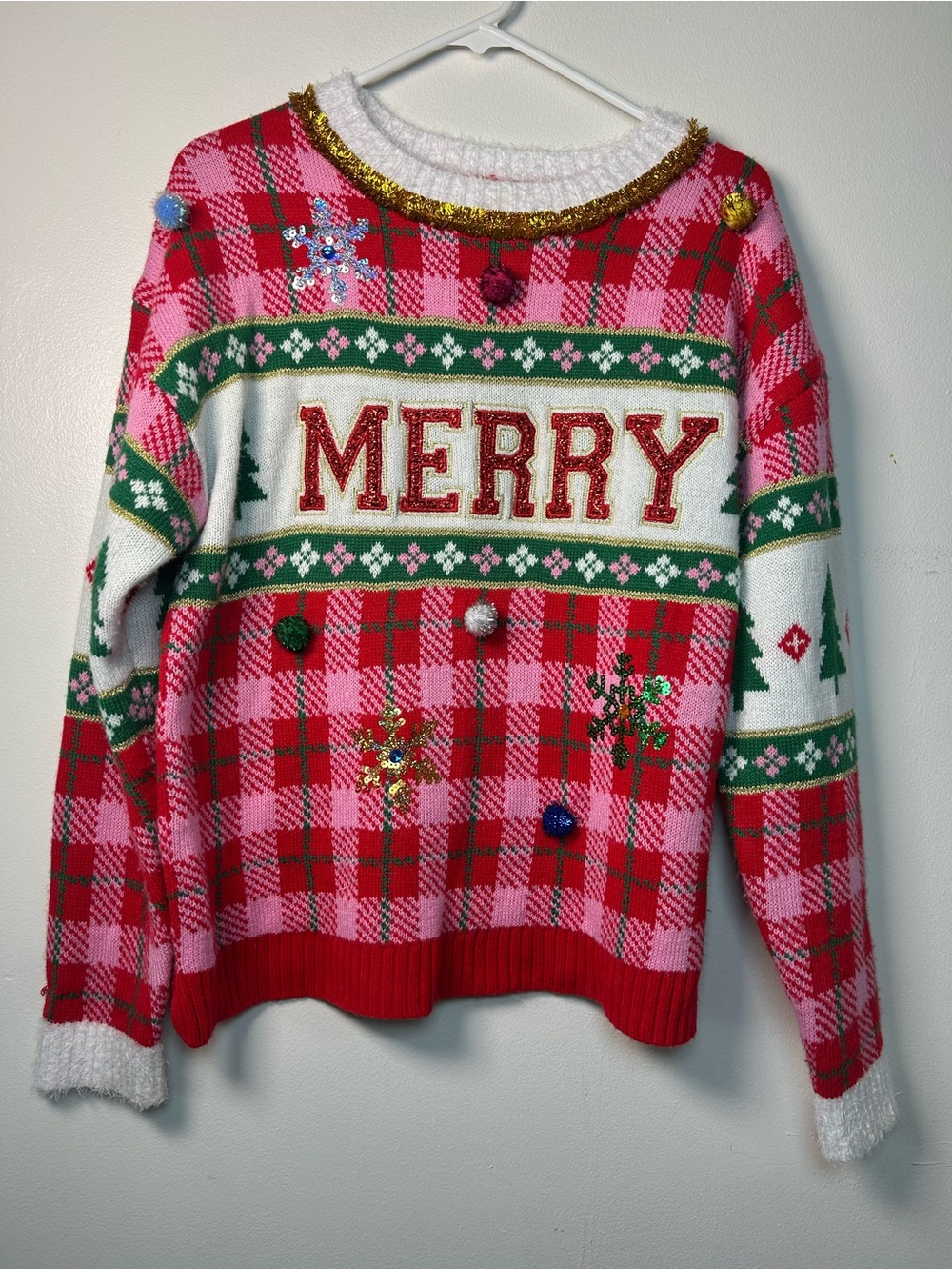 Holiday Time Womens Merry Plaid Red Ugly Christmas Sweater Large Embellished
